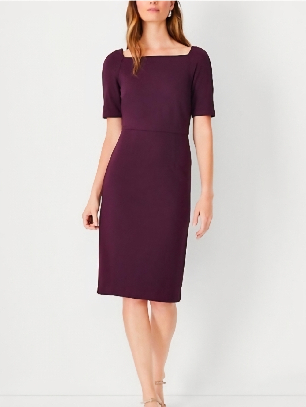 NWT Ann Taylor Dark Plum Purple Square Neck Short Sleeve Sheath Midi Dress Sz 18